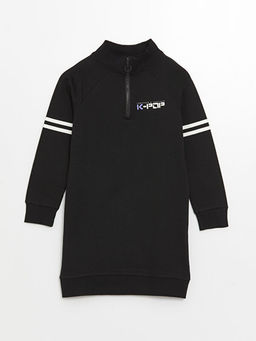 Dik Yaka K-Pop Bask?l? Uzun Kollu K?z ?ocuk Elbise