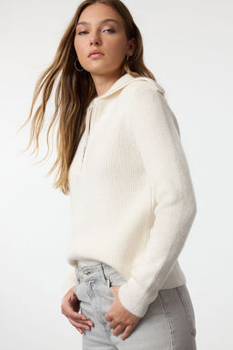 Ekru Yunlu Genis Kal?p Polo Yaka Fermuarl? Triko Kazak TWOAW25KZ00011 - Trendyolmilla фото 2