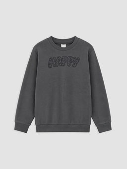 Bask?l? K?z ?ocuk Kal?n Sweatshirt