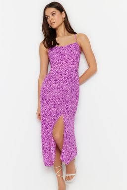 Lila Cicek Desenli Duz Kesim S?rt Detayl? Dokuma Elbise TWOSS23EL02295 - Trendyolmilla фото 3