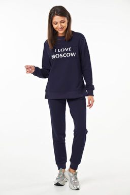 Костюм трикотажный свободный с брюками из хлопка темно-синий - Fly фото 3