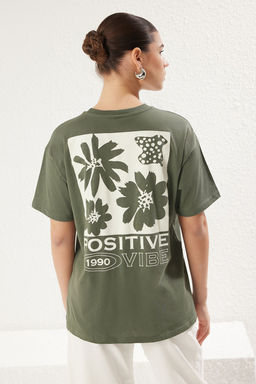 Haki %100 Pamuk S?rt Bask?l? Oversize/Genis Kal?p Bisiklet Yaka Orme T-Shirt TWOSS23TS00321