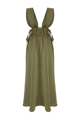 Trendyolmilla Haki Maxi Dokuma %100 Keten Buzgu Detayl? Plaj Elbisesi TBESS25EL00105 фото 6