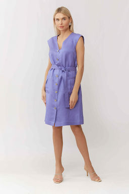 Женственное платье прямого силуэта из премиального костюмного льна нежно-лавандового цвета - Serginnetti фото 2
