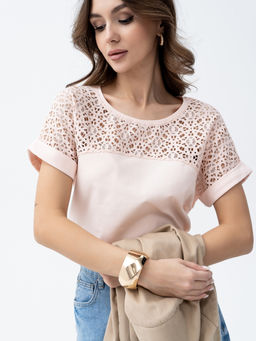 ВИДЕООБЗОР . Футболка с кружевом .арт.180-12,персиковая - Binita фото 2