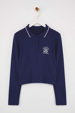 Teen Lacivert Tok Kumasl? Nak?sl? Polo Yaka Dugmeli Regular/Standart Kal?p Orme Bluz TWOAW26BZ00014