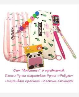 Сет "Фламинго" 6 предметов. Пенал+стикеры+ручка шарик+ручка Радуга+карандаш+ластик 9046512
