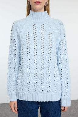 Ac?k Mavi Yumusak Dokulu Genis Kal?p Ajurlu/Delikli Dik Yaka Triko Kazak TWOAW25KZ00319 - Trendyolmilla фото 3