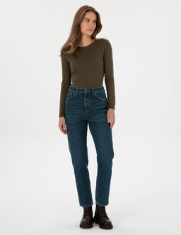 Mom H_gh Wa_st Koyu _ndigo Jean Pantolon