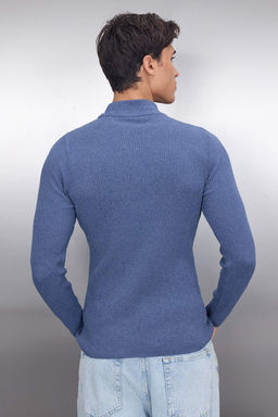 Indigo Fitted Dar Kal?p Pamuklu Yar?m Bal?kc? Yaka Fitilli Triko Kazak TMNAW21KZ0568