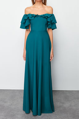 TRENDYOLMILLA Bordo A-Kesim Volanl? Dokuma Uzun S?k Abiye Elbise TPRSS24AE00054  фото 6