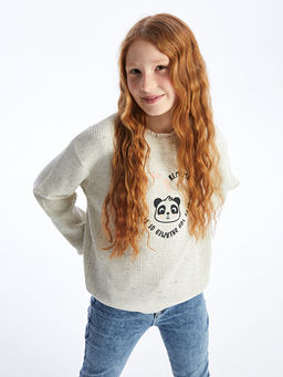 Bisiklet Yaka Bask?l? Uzun Kollu K?z ?ocuk Sweatshirt