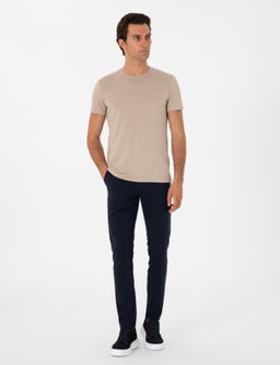 Bej Slim Fit Bisiklet Yaka Pamuklu T-shirt