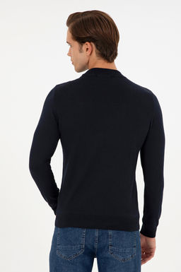 Erkek Slim Fit _eyrek Bal_k__ Yaka Lacivert Basic Triko Kazak