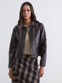 G?mlek Yaka Kad?n Deri G?r?n?ml? Ceket