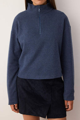 Indigo Selanik/Triko Gorunumlu Fermuarl? Yaka Regular/Normal Kal?p Orme Sweatshirt TWOAW22SW0732