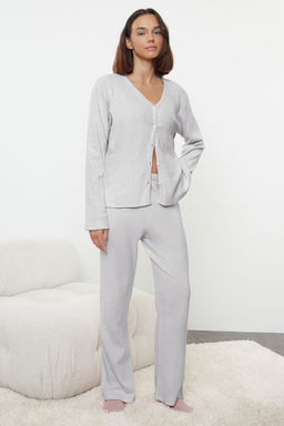 Gri Melanj Pamuklu F?rcal? Soft Fitilli H?rka Orme Pijama Tak?m? THMAW25PT00074