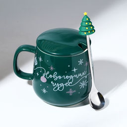 Кружка новогодняя керамическая с ложкой Новогодних чудес, 350 мл, цвет зелёный - Дорого внимание фото 6
