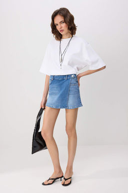 Mavi Kruvaze Kapama Yuksek Bel Az Esnek Denim Sort Etek TWOSS26SR00119 - Trendyolmilla фото 4