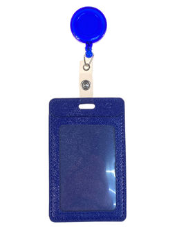Бейдж с лентой на рулетке вертикальный, цвет синий