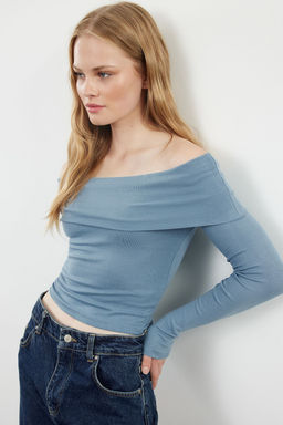 Indigo Carmen Yaka Crop/K?sa Esnek Orme Bluz TWOAW25BZ00008
