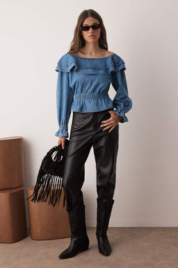 Mavi F?rf?r Detayl? Carmen Yaka Denim Bluz TWOAW26BZ00049