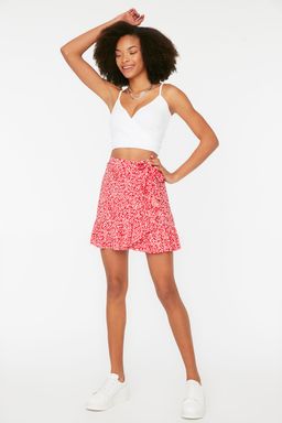 TRENDYOLMILLA Kahverengi Bask?l? Volanl? Yuksek Bel Mini Esnek Orme Etek TWOSS21ET0010  фото 15