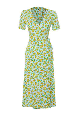 Cok Renkli Cicekli Kruvaze Midi Dokuma Elbise TWOSS24EL00492