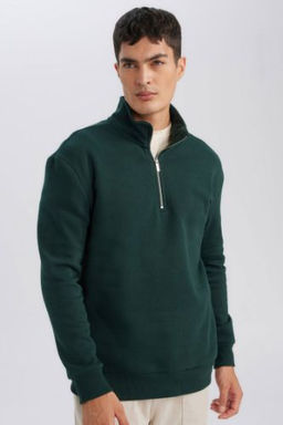 Comfort Regular Fit Rahat Kal?p Dik Yaka Fermuarl? Kal?n Basic Duz Sweatshirt