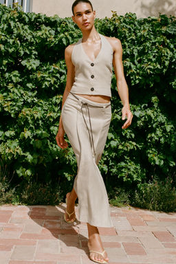 LINEN BLEND MIDI SKIRT WITH BELT