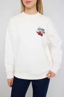 Teen Ekru Kal?n Ici Polarl? Biber Bask?l? Oversize Orme Sweatshirt TWOAW26SW00123 - Trendyolmilla фото 3