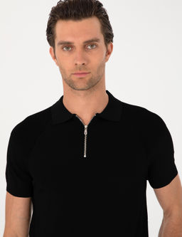Siyah Slim Fit Fermuarl_ Polo Yaka Triko T-shirt