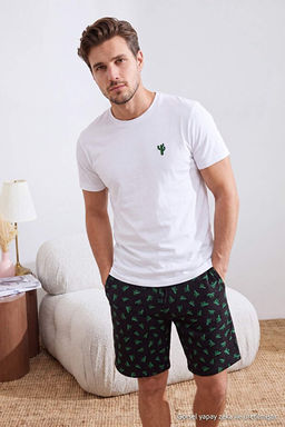 Beyaz-Siyah Regular Kesim Kakt_s Bask_l_ Pamuklu _rme Pijama Tak_m_ TMNSS26PT00057