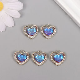 Цена за 5 шт. Декор для творчества металл, стразы «Сердце океана», золото, голубой, 1.7×1.7×0.5 см