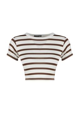 Trendyolmilla Premium Tas Ekru Cizgili Viskoz/Yumusak Kumas Crop Bisiklet Yaka Esnek Orme Bluz TWOSS23BZ00198 фото 24