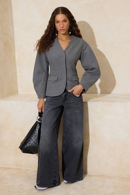 Gri Cizgili Kol Detayl? Fitted/Vucuda Oturan Astarl? Vatkal? Dokuma Blazer Ceket TWOSS26BC00025