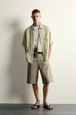 CAMISA JACQUARD RAYAS 100% LINO / Verde claro