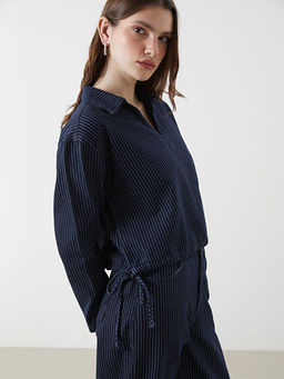 G?mlek Yaka ?izgili Crop Kad?n Jean Bluz