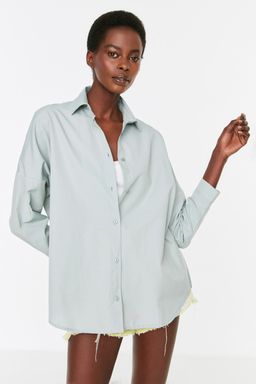 Mint Pamuklu Oversize Genis Kal?p Dokuma Gomlek TWOSS22GO0669