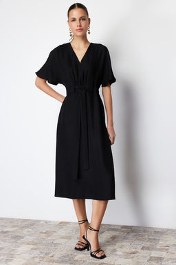 Siyah Baglama Detayl? A Kesim V Yaka Midi Dokuma Elbise TWOSS23EL01543