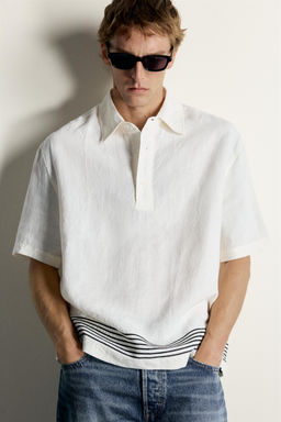 CAMISA POLO 100% LINO BANDAS / Crudo
