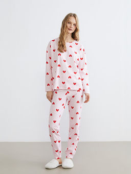 Bisiklet Yaka Kalp Bask?l? Kad?n Pijama Tak?m?