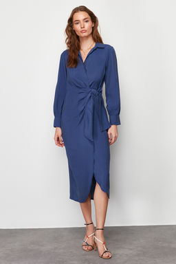 TRENDYOLMILLA Indigo Kruvaze Baglama Detayl? Midi Dokuma Elbise TWOSS24EL00521  фото 4