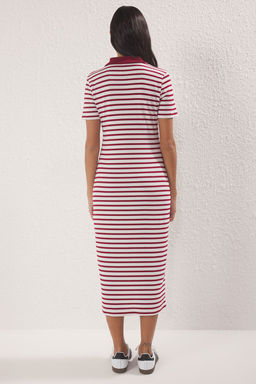 Bordo Cizgili Polo Yaka Midi Esnek Orme Elbise TWOSS25EL00360