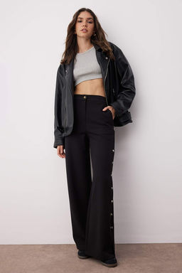 Siyah Wide Leg/Genis Paca Yanlar? Dugmeli Dokuma Kumas Pantolon TWOSS20PL0398