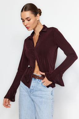TRENDYOLMILLA Kahverengi Premium Parlak Yuzeyli ve Yumusak Dokulu Polo Yaka Dugmeli Orme Gomlek TWOAW24GO00194