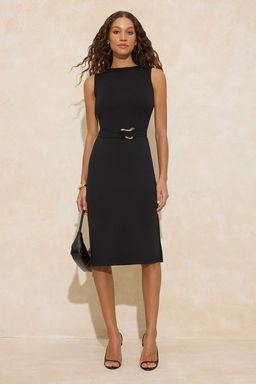 Siyah Duz Bodycon Bisiklet Yaka Kolsuz Aksesuar Detayl? Midi Interlok Orme Elbise TWOSS26EL00016