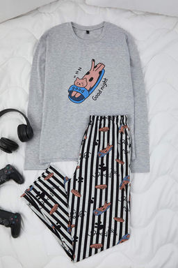 Gri Melanj Regular Fit Kedi Bask?l? Pamuklu Orme Pijama Tak?m? TMNAW26PT00046