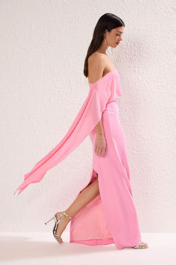 TRENDYOLMILLA Ac?k Mavi Carmen Yaka Dokuma Uzun S?k Abiye Elbise TPRSS25AE00115 фото 2