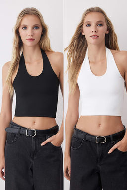Siyah-Beyaz Boyundan Gecmeli Vucuda Oturan Crop Esnek Orme Bluz TWOAW26BZ00251